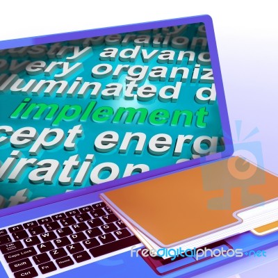 Implement Word Cloud Laptop Shows Implementing Or Execute A Plan… Stock Image