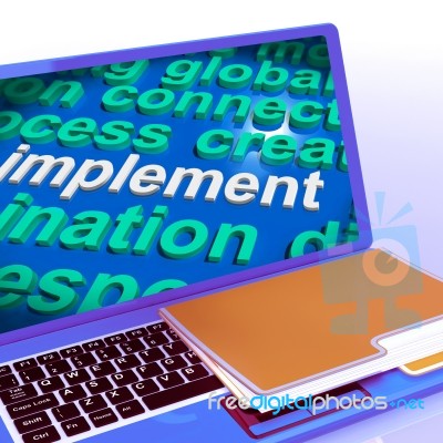 Implement Word Cloud Laptop Shows Implementing Or Execute A Plan… Stock Image