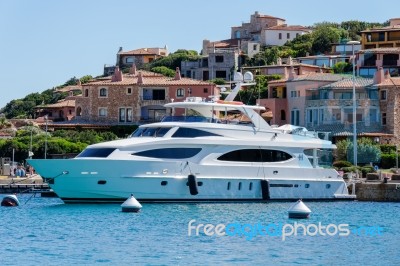 Impressive Motorcruiser Moored In Porto Cervo Harbour Stock Photo