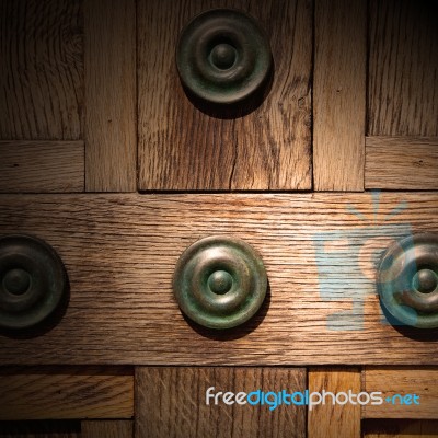 In London Antique Brown Door  Rusty  Brass Nail And Light Stock Photo