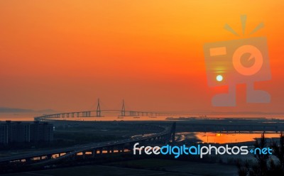 Incheon Bridge At Sunset In Korea Stock Photo