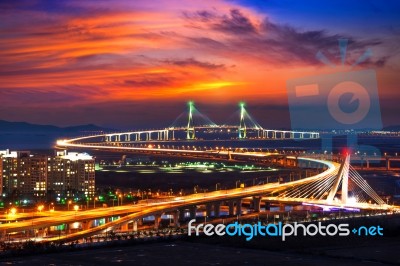 Incheon Bridge With Sunset In Korea Stock Photo