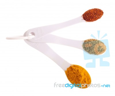 Indian Spices In Spoons Stock Photo