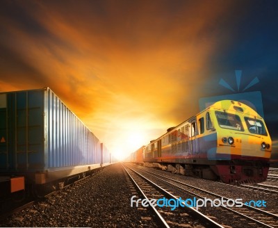 Industry Container Trainst Running On Railways Track Against Bea… Stock Photo