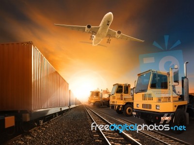 Industry Container Trainst Running On Railways Track Plane Cargo… Stock Photo