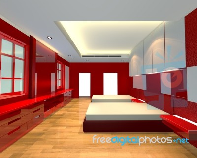 Ineterior Design Bedroom Red Theme Stock Image