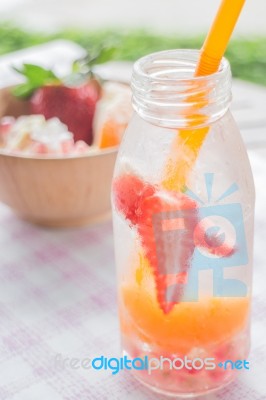 Infused Water Bottle Of Mix Fruit Refreshing Drink Stock Photo