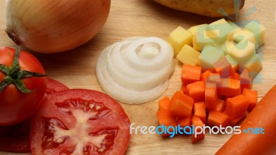 Ingredient Include To Onions, Carrot, Tomato And Potato Stock Photo