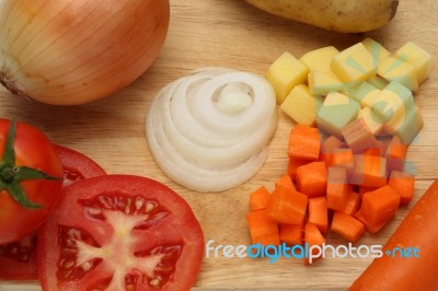 Ingredient Include To Onions, Carrot, Tomato And Potato Stock Photo