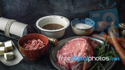 Ingredients For Boeuf Bourguignon On The  Dark Stone  Table Horizontal Stock Photo