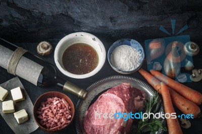 Ingredients For Boeuf Bourguignon On The  Dark Stone  Table Top View Stock Photo