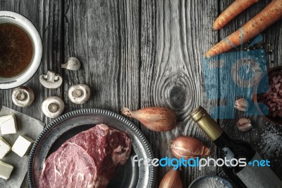 Ingredients For Boeuf Bourguignon On The Old Wooden Table Horizontal Stock Photo