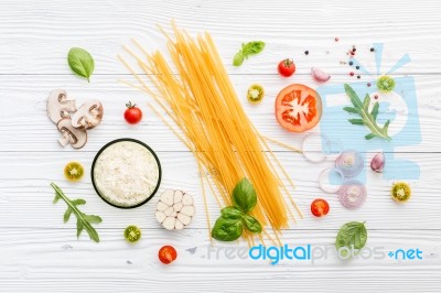 Ingredients For Homemade Pasta On Wooden Background Stock Photo