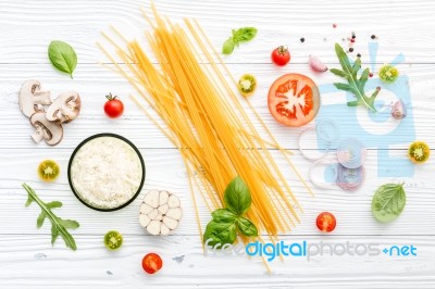 Ingredients For Homemade Pasta On Wooden Background Stock Photo