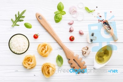 Ingredients For Homemade Pasta On Wooden Background Stock Photo