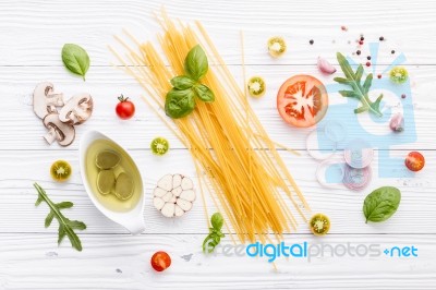 Ingredients For Homemade Pasta On Wooden Background Stock Photo