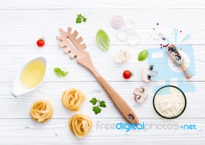 Ingredients For Homemade Pasta On Wooden Background Stock Photo