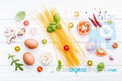 Ingredients For Homemade Pasta On Wooden Background Stock Photo