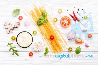 Ingredients For Homemade Pasta On Wooden Background Stock Photo