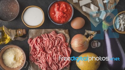 Ingredients For Moussaka On The Stone Table Top View Stock Photo