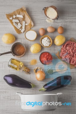 Ingredients For Moussaka On The White Table Stock Photo