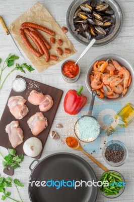 Ingredients For Paella On The White  Table Stock Photo