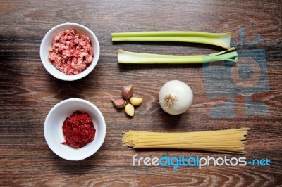 Ingredients For Spaghetti Bolognese On Wooden Background Stock Photo