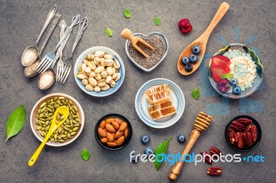 Ingredients For The Healthy Foods Background Mixed Nuts, Honey, Stock Photo