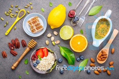 Ingredients For The Healthy Foods Background Mixed Nuts, Honey, Stock Photo