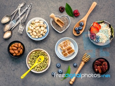 Ingredients For The Healthy Foods Background Mixed Nuts, Honey, Stock Photo