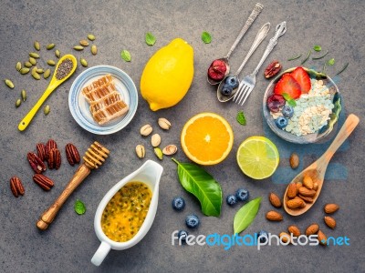 Ingredients For The Healthy Foods Background Mixed Nuts, Honey, Stock Photo