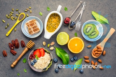 Ingredients For The Healthy Foods Background Mixed Nuts, Honey, Stock Photo