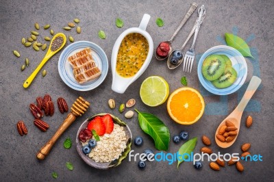 Ingredients For The Healthy Foods Background Mixed Nuts, Honey, Stock Photo