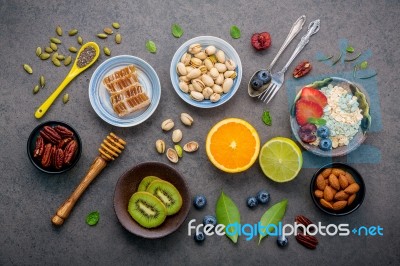 Ingredients For The Healthy Foods Background Mixed Nuts, Honey, Stock Photo