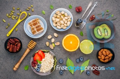 Ingredients For The Healthy Foods Background Mixed Nuts, Honey, Stock Photo