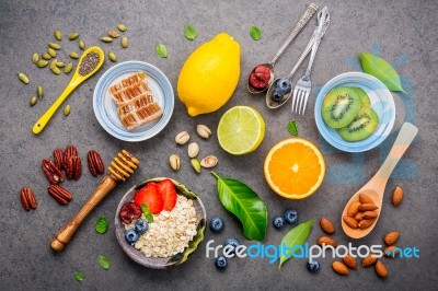 Ingredients For The Healthy Foods Background Mixed Nuts, Honey, Stock Photo