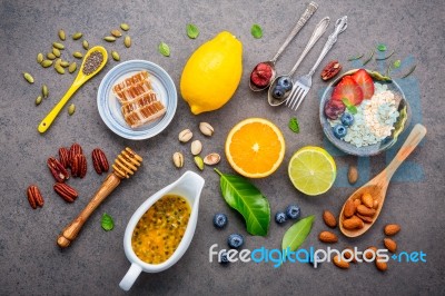 Ingredients For The Healthy Foods Background Mixed Nuts, Honey, Stock Photo