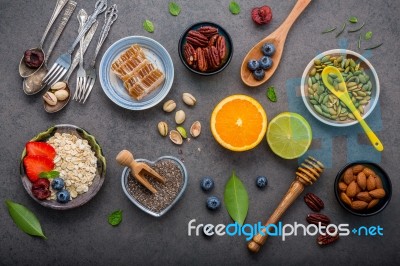 Ingredients For The Healthy Foods Background Mixed Nuts, Honey, Stock Photo