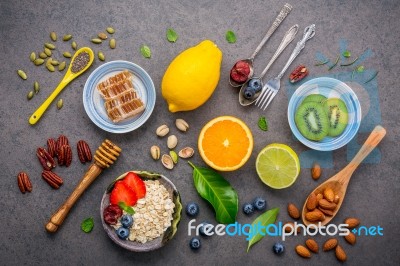 Ingredients For The Healthy Foods Background Mixed Nuts, Honey, Stock Photo