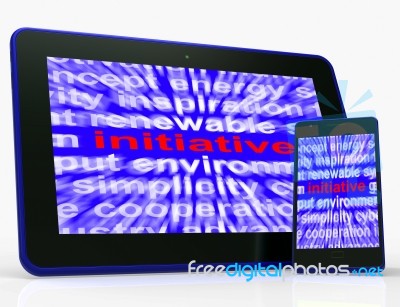 Initiative Tablet Means Motivation Leadership And Taking Action Stock Image