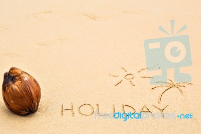 Inscription Of The Word Holiday And Palm Tree Under The Sun Draw… Stock Photo