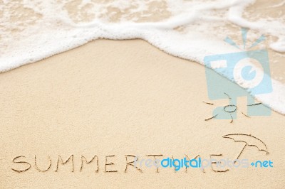 Inscription Of The Word Summertime And Sun With Umbrella Drawing… Stock Photo