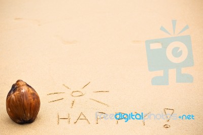 Inscription Of Word Happy With Exclamation Mark Written On Wet Y… Stock Photo