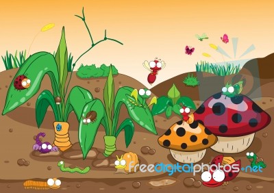 Insects Family On The Ground And Tree. Insects Cartoon Stock Image