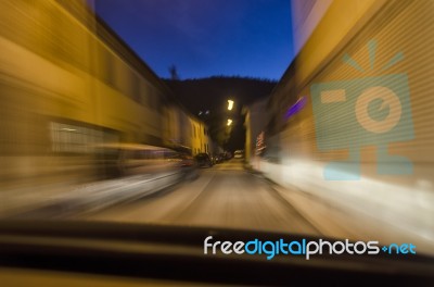 Inside View Of Car In Narrow Street Stock Photo