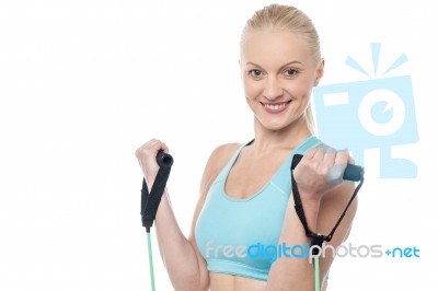 Instructor With Exercise Bands Isolated On A White Stock Photo