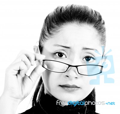 Intelligent Looking Woman Wearing Glasses Stock Photo