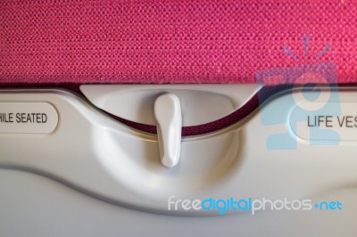 Interior Of Airplane Seat With Hidden Table Stock Photo