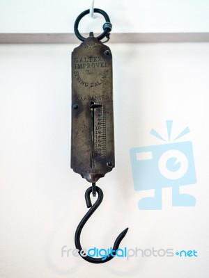 Interior View Of Old Kitchen Scales At Michelham Priory Stock Photo