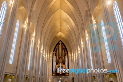 Interior View Of The Hallgrimskirkja Church In Reykjavik Stock Photo